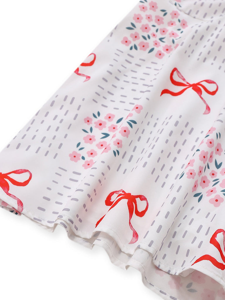 Rosa & Weiß 1950er Bogen & Blumen Gürtel Revers Romper