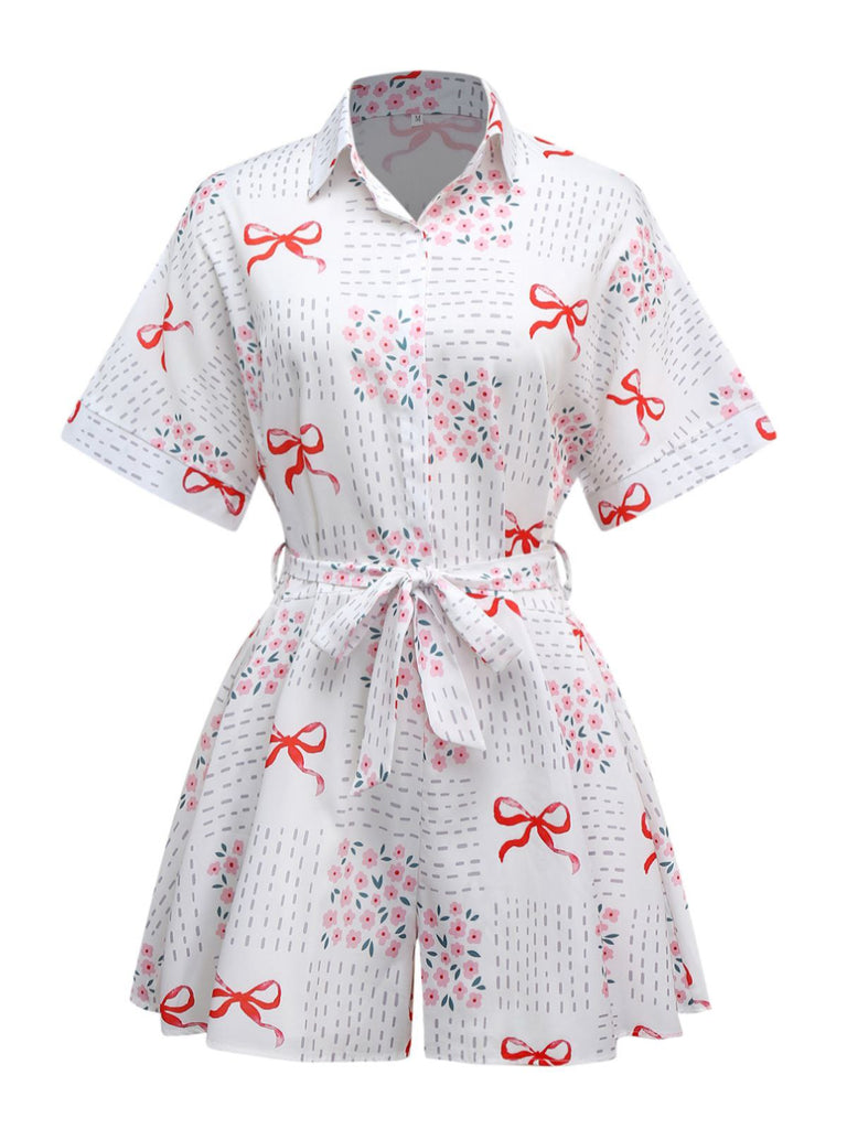 Rosa & Weiß 1950er Bogen & Blumen Gürtel Revers Romper