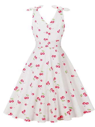 Weiß 1950er Kirsche Ärmellos V-Ausschnitt Kleid