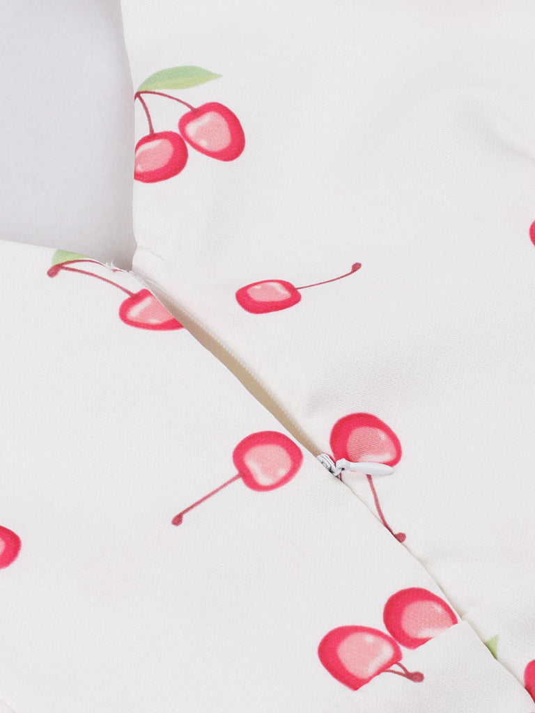 Weiß 1950er Kirsche Ärmellos V-Ausschnitt Kleid