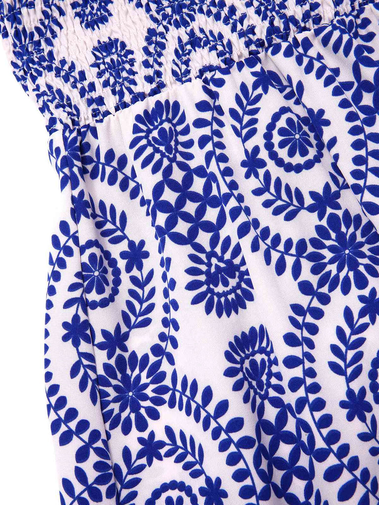 Blau 1970er Bohemien Träger Ärmellos Kleid