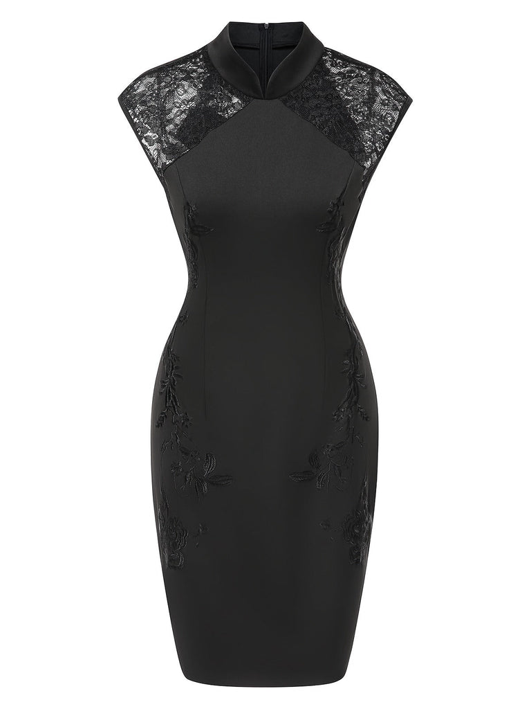 Schwarz 1960er Stehkragen Besticktes Blumen Bleistift Kleid