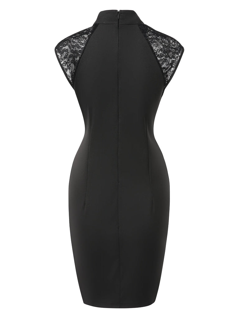 Schwarz 1960er Stehkragen Besticktes Blumen Bleistift Kleid