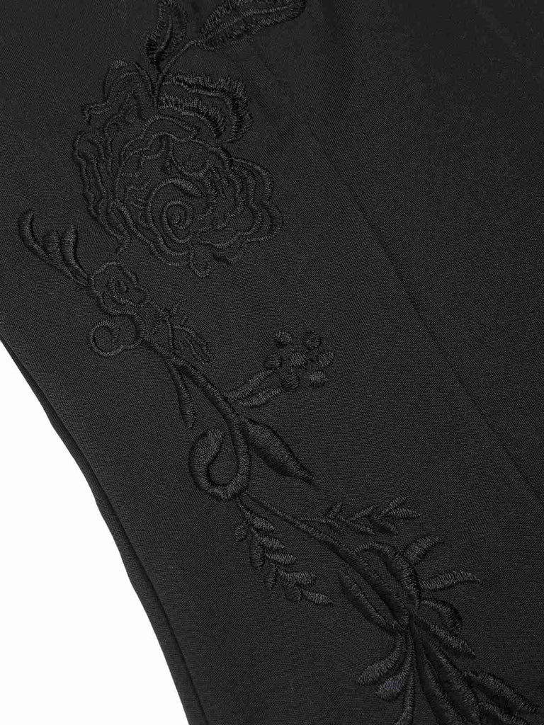 Schwarz 1960er Stehkragen Besticktes Blumen Bleistift Kleid