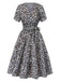 Schwarz 1950er Kleine Blumen V-Ausschnitt Schnürung Dress