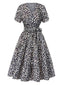 Schwarz 1950er Kleine Blumen V-Ausschnitt Schnürung Dress