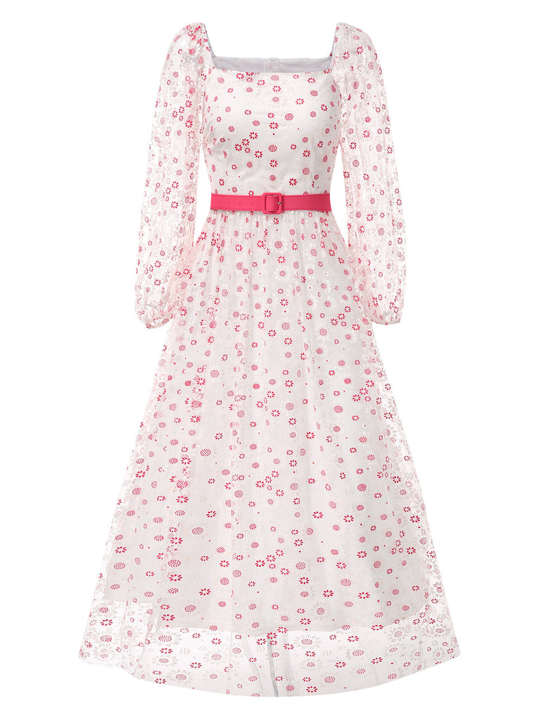 1940er Blumen Quadratischer Hals Gürtel Kleid