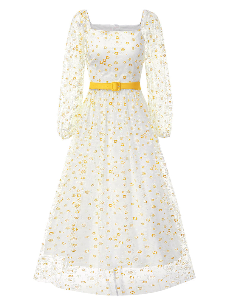 1940er Blumen Quadratischer Hals Gürtel Kleid