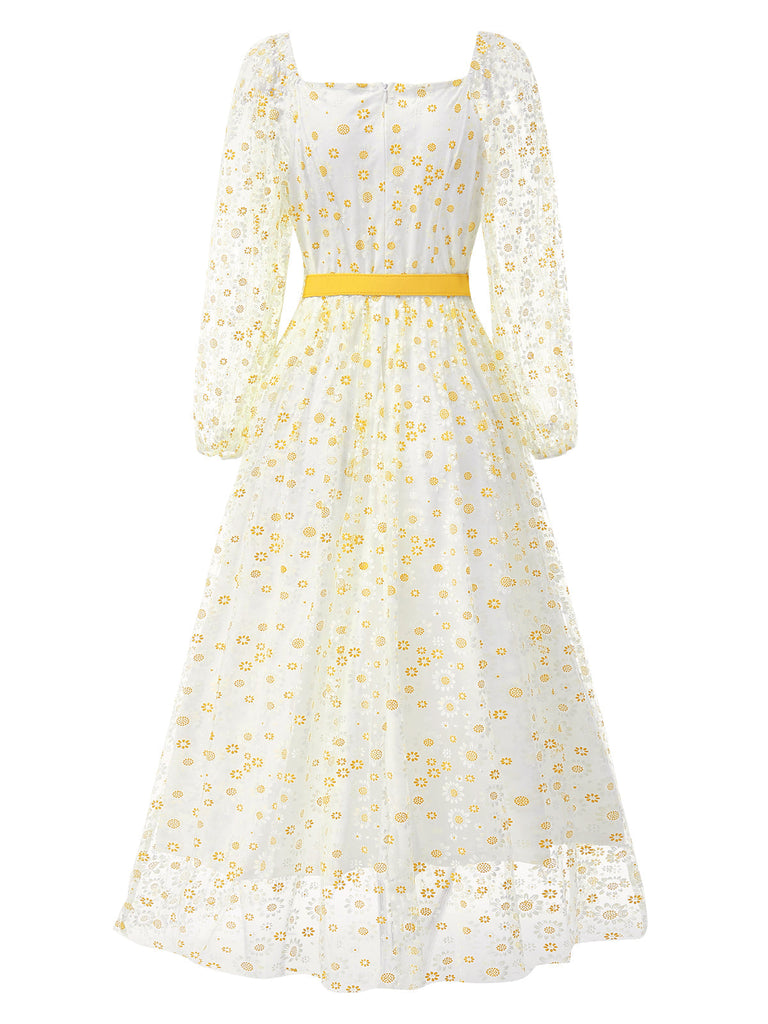 1940er Blumen Quadratischer Hals Gürtel Kleid