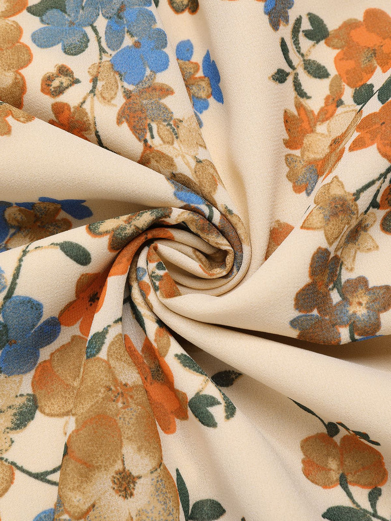 Beige 1930er V-Ausschnitt Blumen Elastischer Bund Kleid