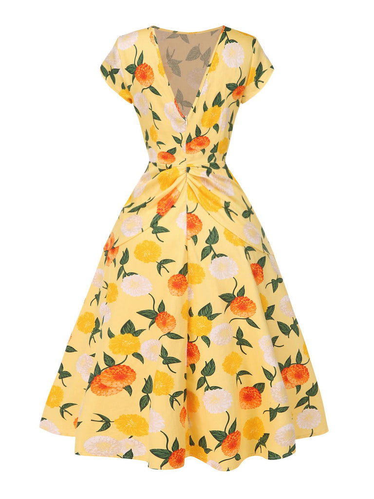 Gelb 1950er Hortensie Blumen Gerüschtes Kleid