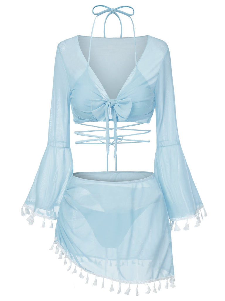 4PCS  1940er Franse V-Ausschnitt Badeanzug & Cover-Up