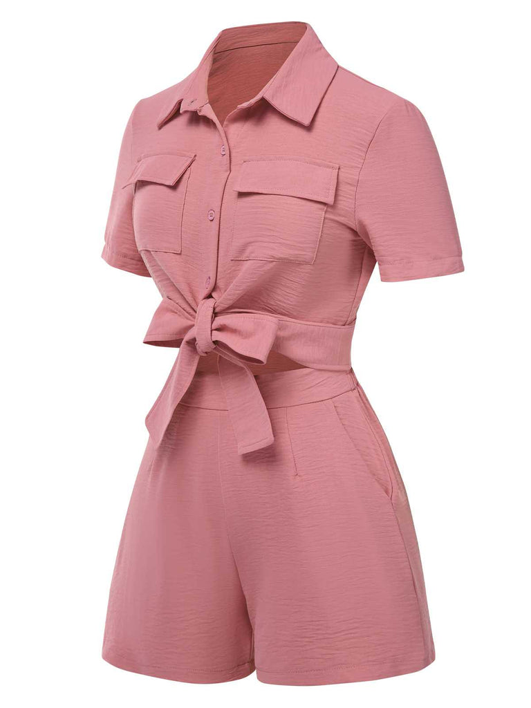 2PCS 1940er Solide Binden Top & Hohe-Taille Shorts