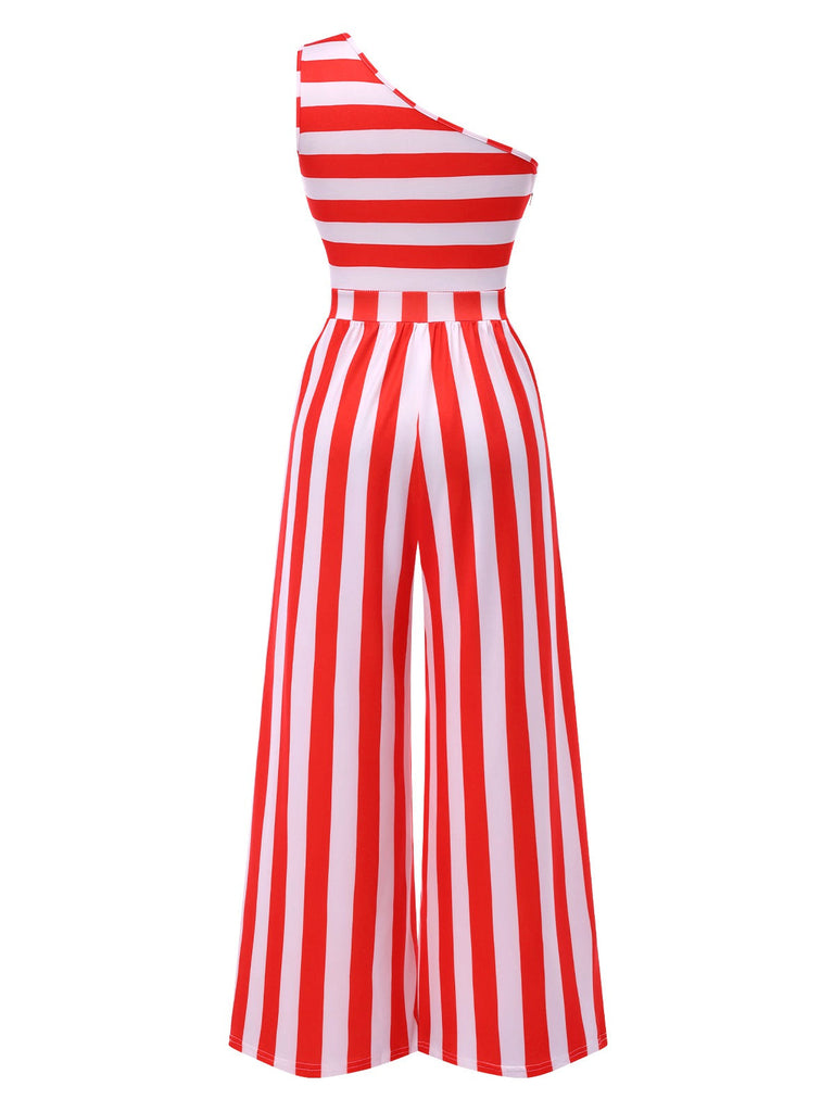 Rot 1950er Streifen Eine Schulter Jumpsuit