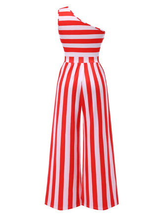 Rot 1950er Streifen Eine Schulter Jumpsuit