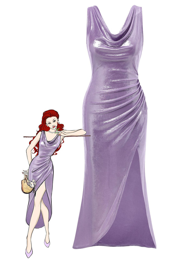 Lavendel 1960er Wasserfallausschnitt Hoher-Schlitz Perlglanz Kleid