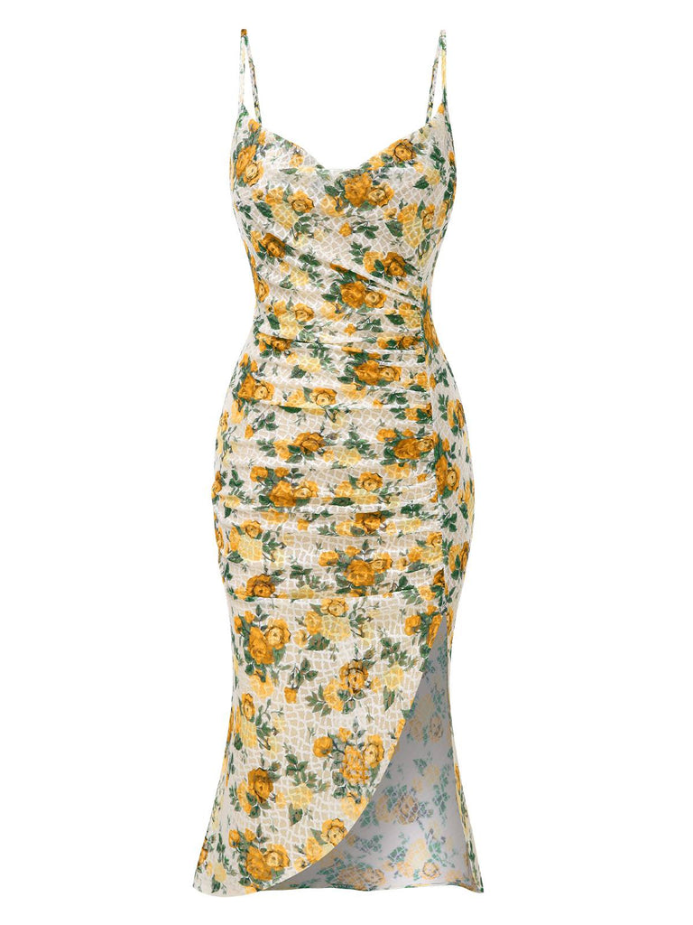 Gelb 1930er Roses Wasserfallausschnitt Fischschwanz Gerüschtes Kleid