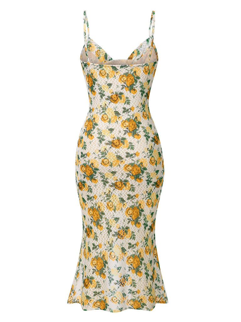 Gelb 1930er Roses Wasserfallausschnitt Fischschwanz Gerüschtes Kleid