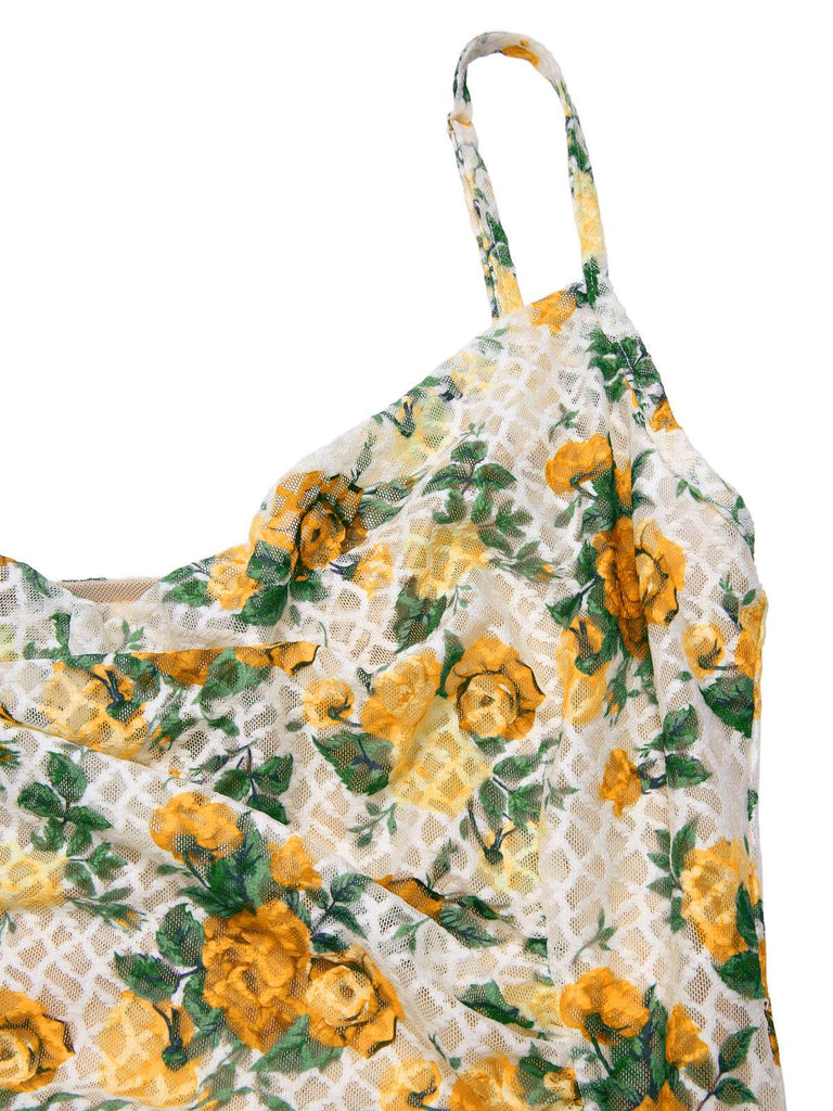 Gelb 1930er Roses Wasserfallausschnitt Fischschwanz Gerüschtes Kleid