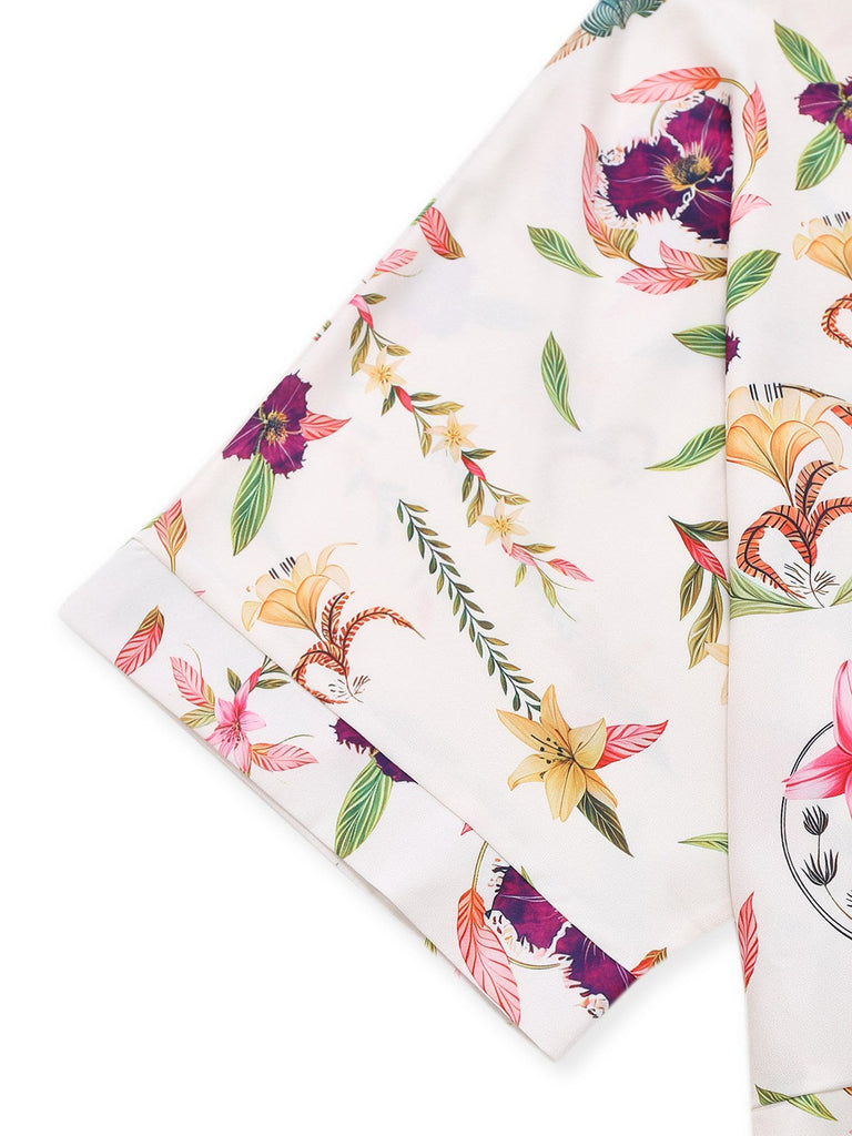 Multicolor 1950er Blumen Revers Fledermausärmel Romper