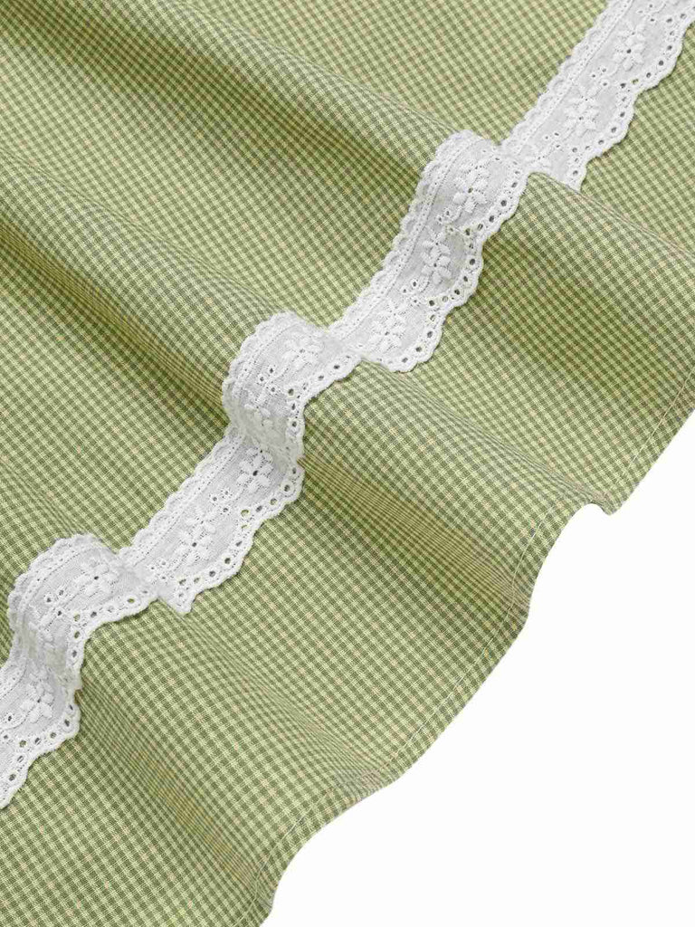 [Vorverkauf] Grün 1940er Spitze Stitching Gingham Plaid Baumwolle Kleid