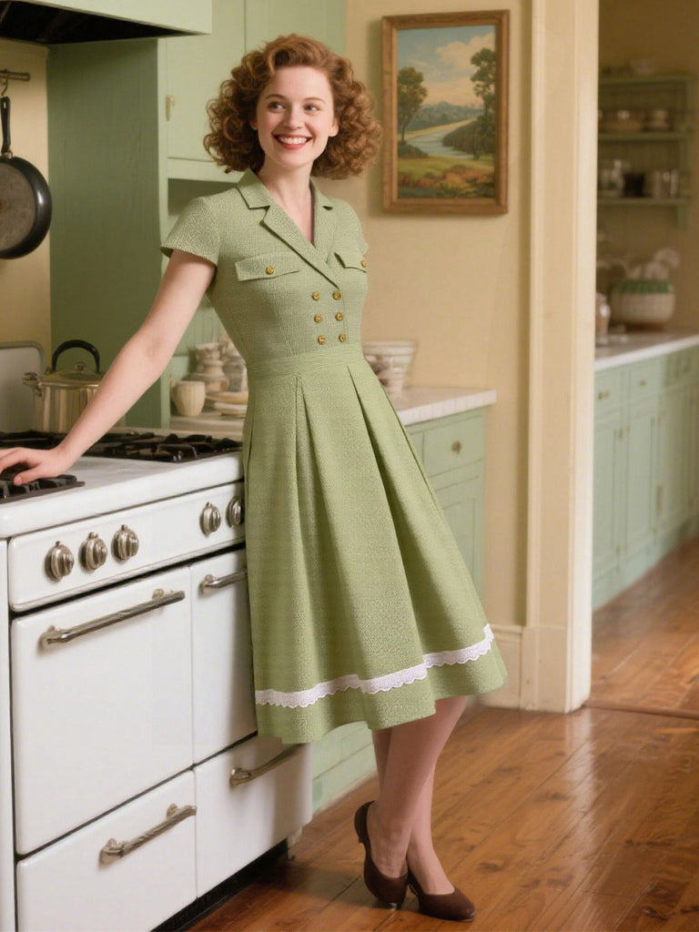 [Vorverkauf] Grün 1940er Spitze Stitching Gingham Plaid Baumwolle Kleid