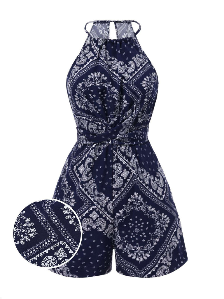 [Vorverkauf] Dunkelblau 1940er Paisley Kordelzug Romper