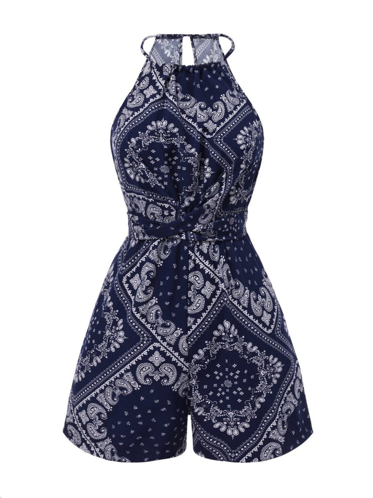 [Vorverkauf] Dunkelblau 1940er Paisley Kordelzug Romper