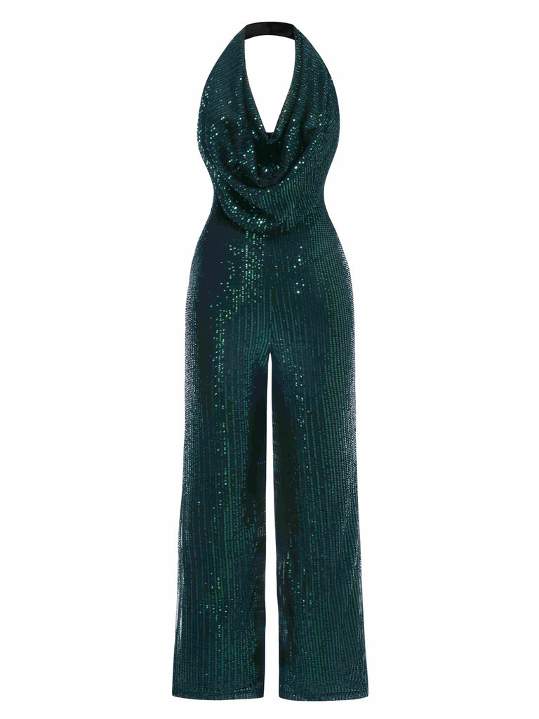 1930er Solide Wasserfallausschnitt Halfter Pailletten Jumpsuit