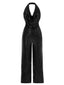 Schwarzer 1930er Solide Wasserfallausschnitt Halfter Pailletten Jumpsuit