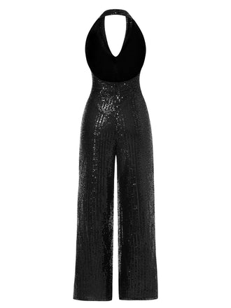 Schwarzer 1930er Solide Wasserfallausschnitt Halfter Pailletten Jumpsuit