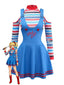 2PCS Blau 1960er Halloween Chucky Kostüm Streifen Top & Breite Träger Kleid