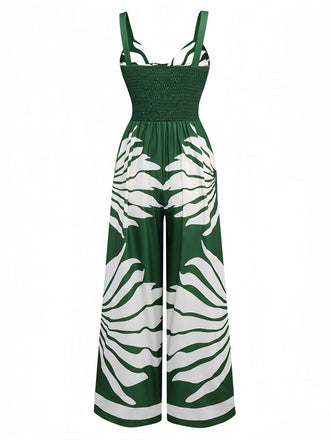 1930er Breite Träger Hohl Twist Gesmokt Blumen Jumpsuit