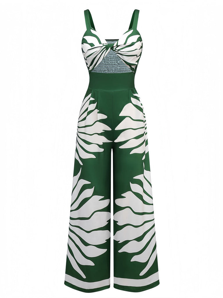 1930er Breite Träger Hohl Twist Gesmokt Blumen Jumpsuit