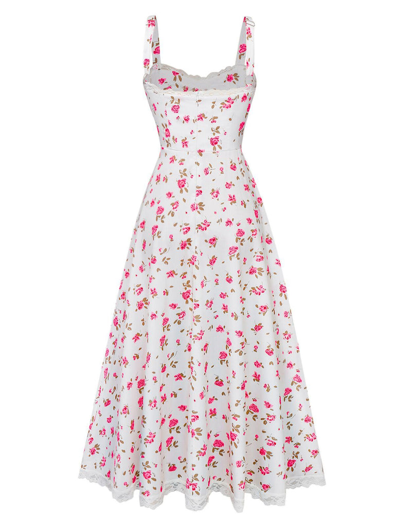 Rosa 1940er Rose Träger Spitze Patchwork Kleid