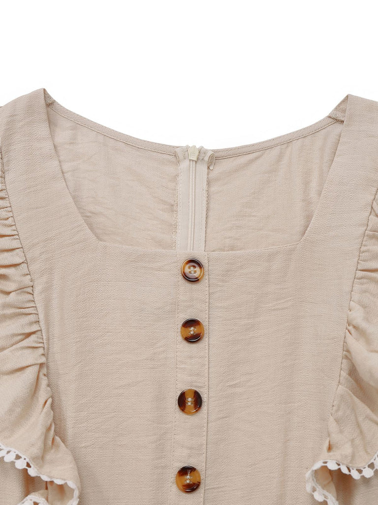 Beige 1950er Solide Rüschen Flügelärmel Jumpsuit