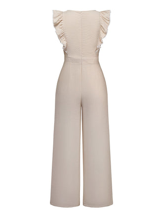 Beige 1950er Solide Rüschen Flügelärmel Jumpsuit