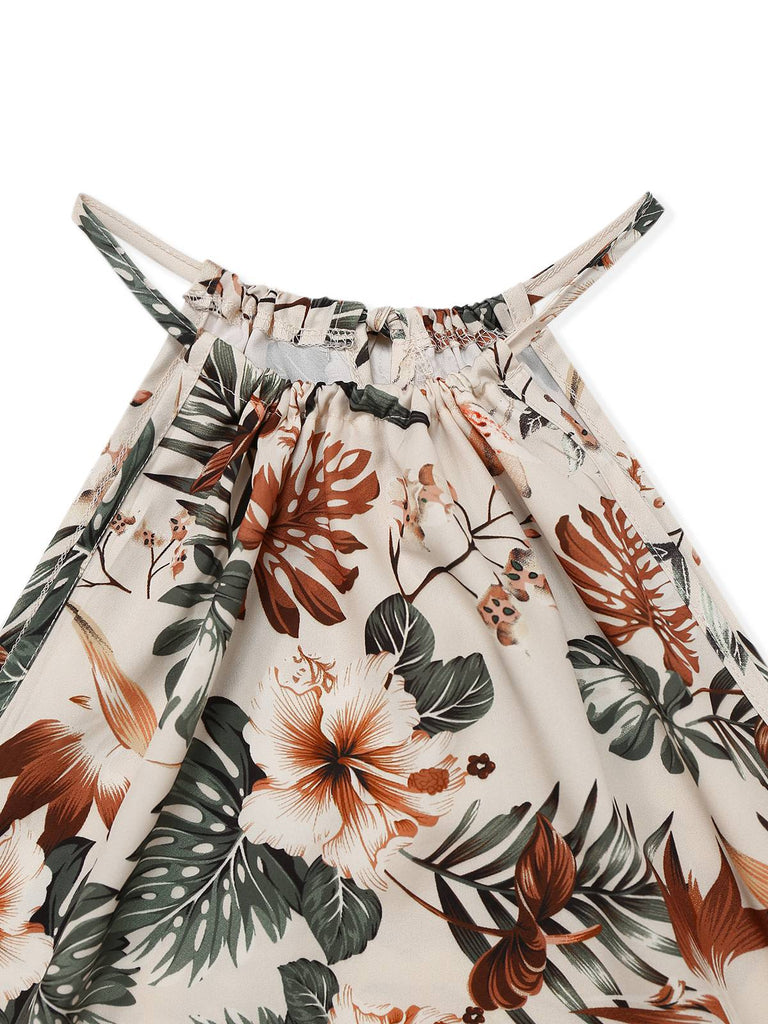 2PCS Grün 1950er Tropische Pflanzen Halfter Top & Texturiert Hosen