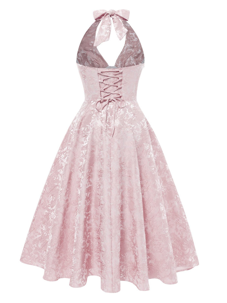 1950er Solide Halfter Tief V-Ausschnitt Jacquard Gedruckt Kleid