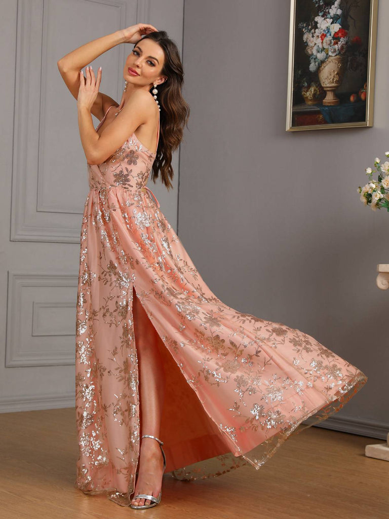 Rosa 1930er Pailletten Blumen Netz Hoher Schlitz Kleid