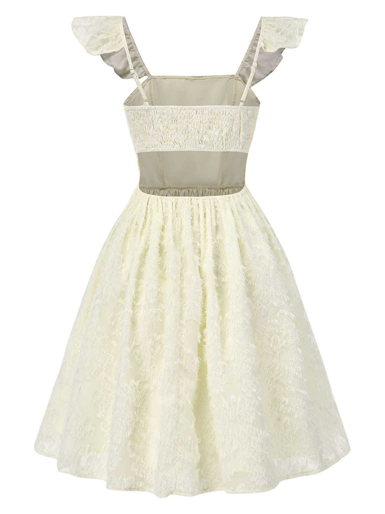 Beige 1950er Gurt Quadratischer Hals Rückenfrei Kleid