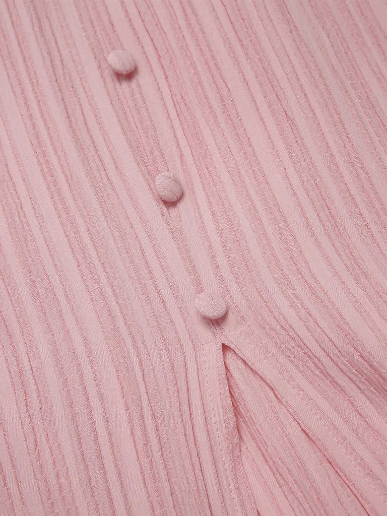 Rosa 1950er Nadelstreifen V-Ausschnitt Puffärmel Gerüschtes Kleid