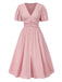 Rosa 1950er Nadelstreifen V-Ausschnitt Puffärmel Gerüschtes Kleid