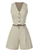 2PCS Helles Khaki 1950er Solide V-Ausschnitt Weste & Shorts