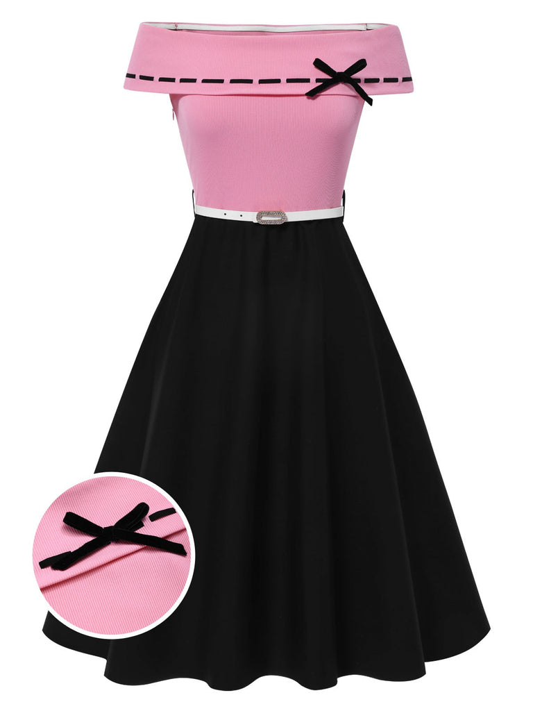 [Vorverkauf] Schwarz & Rosa 1950er Schulterfrei Bogen Patchwork Kleid