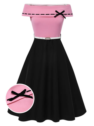 [Vorverkauf] Schwarz & Rosa 1950er Schulterfrei Bogen Patchwork Kleid