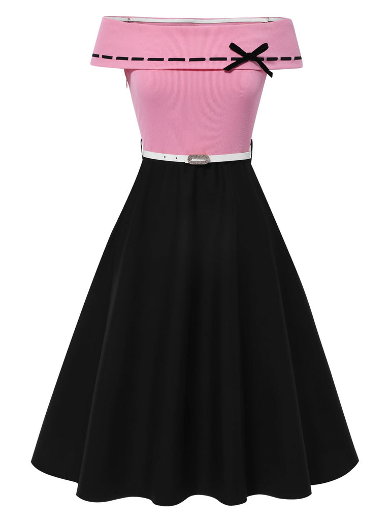 [Vorverkauf] Schwarz & Rosa 1950er Schulterfrei Bogen Patchwork Kleid