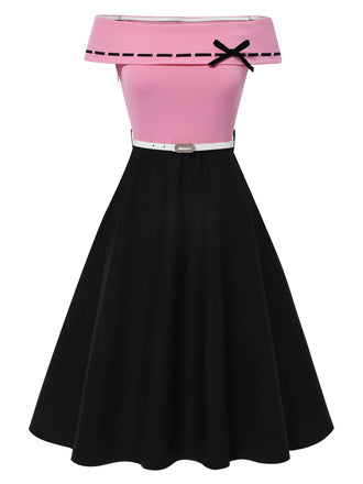 [Vorverkauf] Schwarz & Rosa 1950er Schulterfrei Bogen Patchwork Kleid