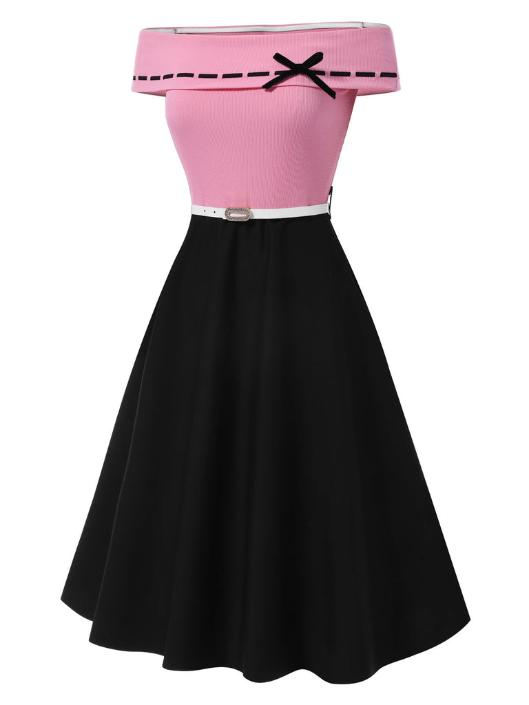 [Vorverkauf] Schwarz & Rosa 1950er Schulterfrei Bogen Patchwork Kleid