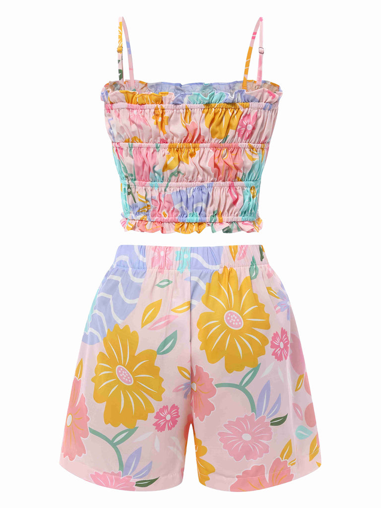 2PCS Rosa 1960er Blumen Drucken Rüschen Spaghetti Träger Camisole & Kurze Hosen
